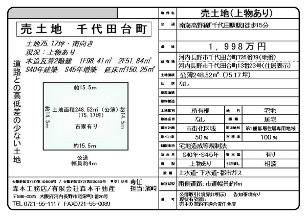 売土地 大阪府河内長野市千代田台町　価格1,998万円